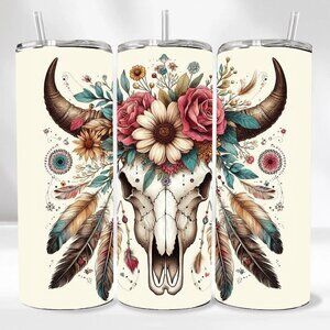 NEW Longhorn Skull Flowers Feathers 20oz Skinny Tumbler With Lid Reusable Straw